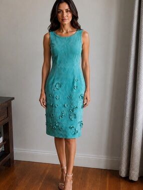 Elie Tahari Vintage Turquoise Suede Sleeveless Floral Appliqué Midi Dress